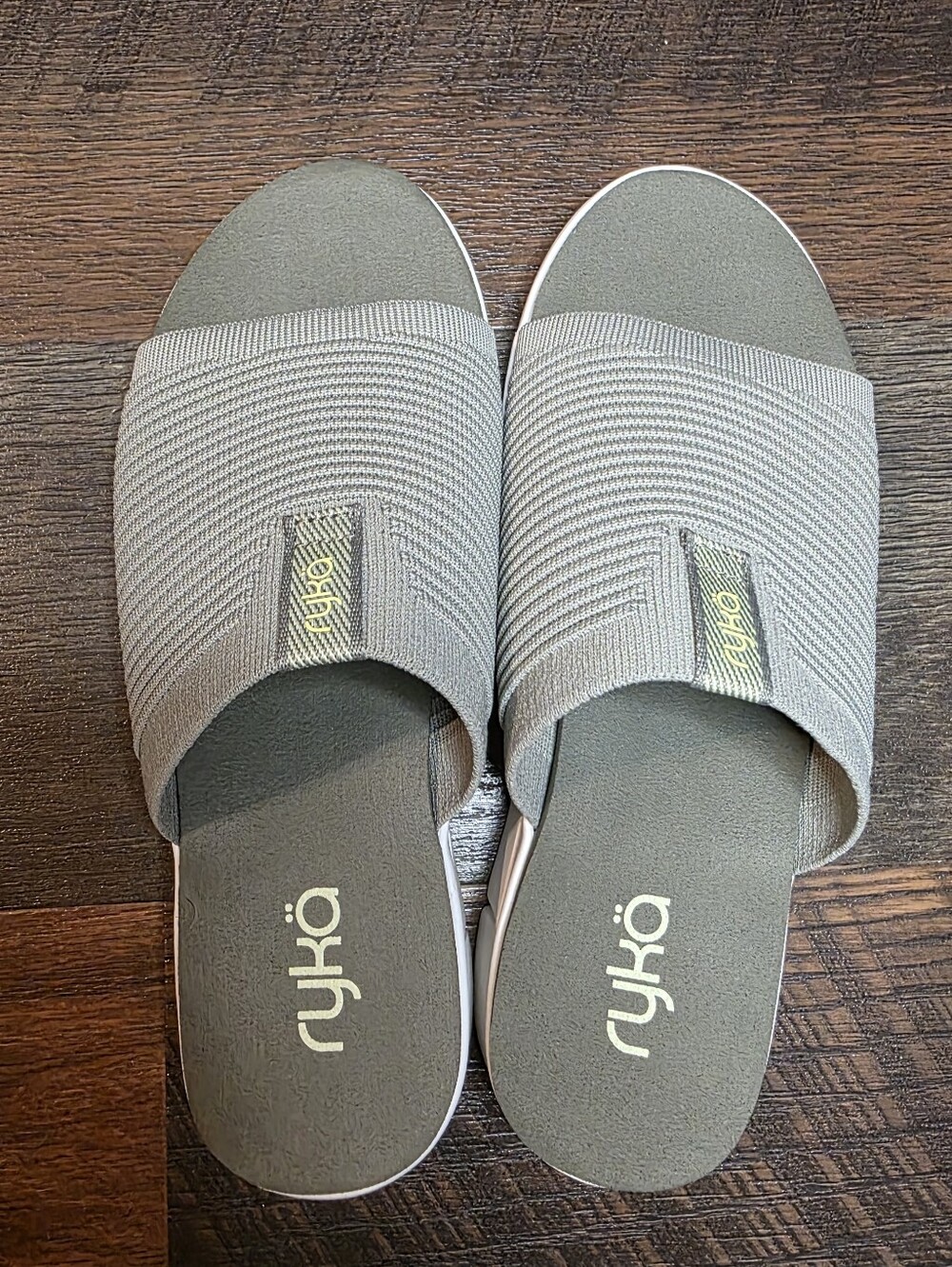 Ryka Ribbed Slip-On Slides in Abbey Green and White - Picture 2 of 8